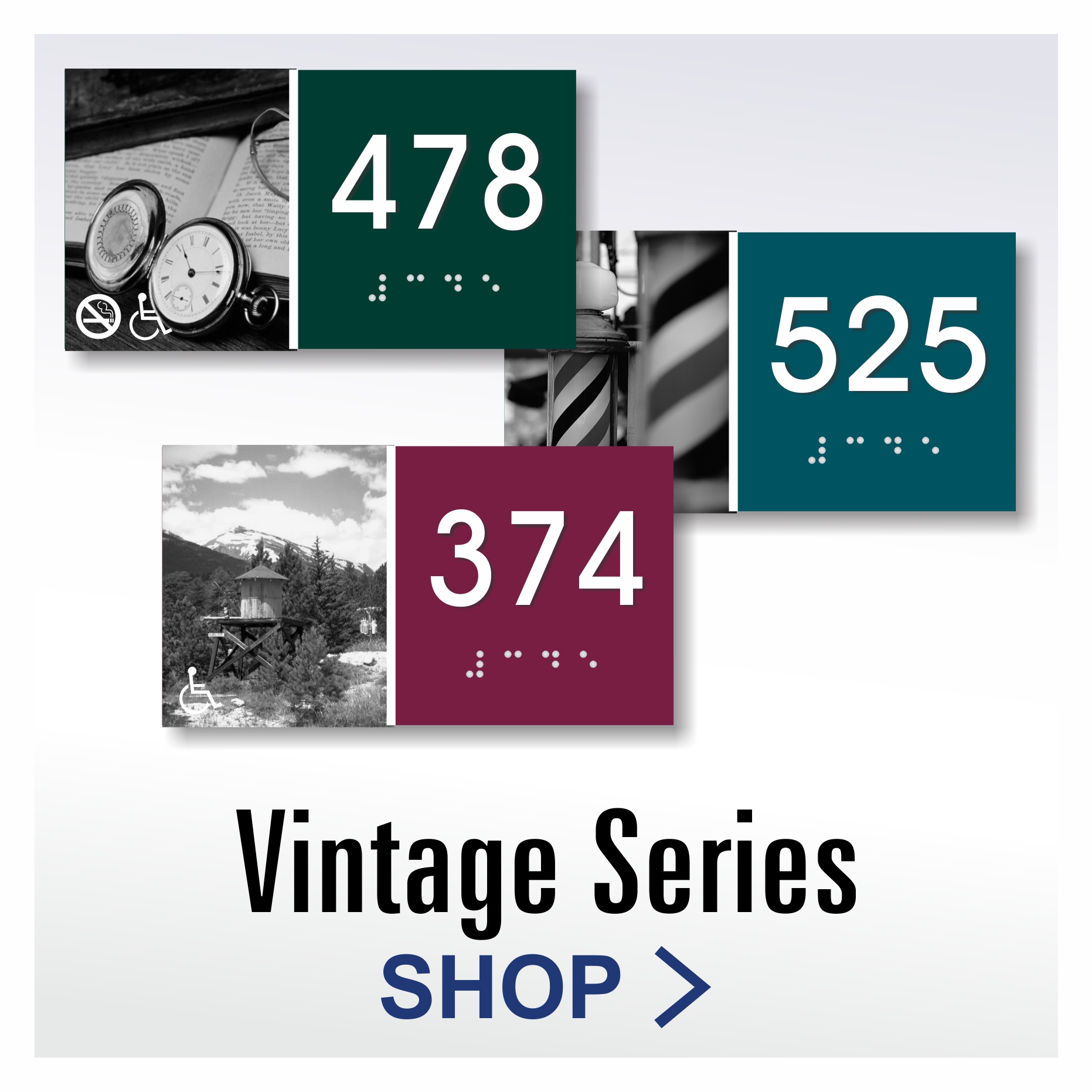 Vintage Series decorative ADA braille room number signs